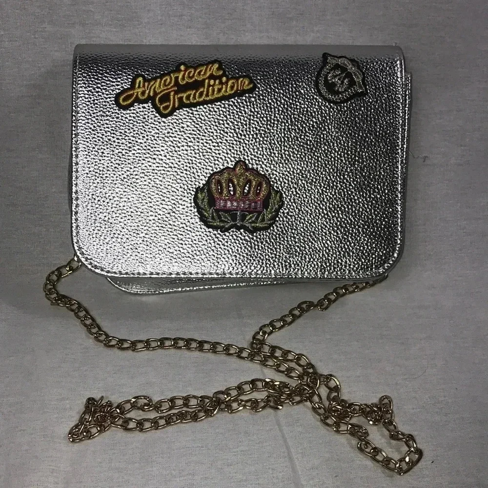 Metallic Silver bag with patches and gold chain